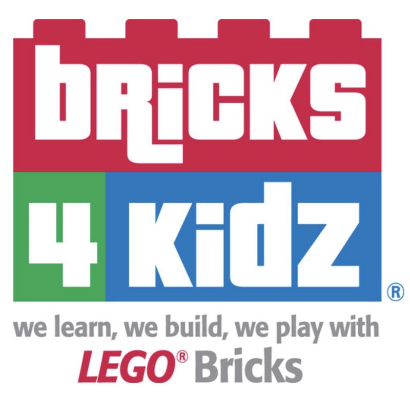 Bricks 4 Kidz logo: the name in white on red, green and blue LEGO-style bricks, with the line we learn, we build, we play with LEGO Bricks.
