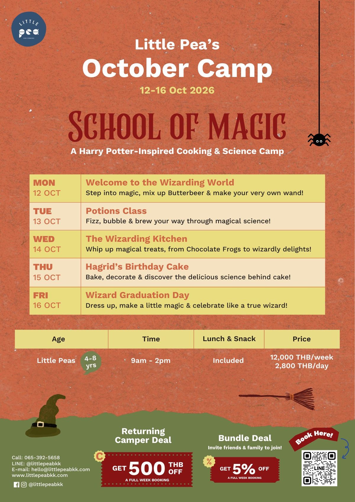 Little Pea's October Camp 2026 poster: School of Magic, a cooking and science camp from 12 to 16 October for ages 4 to 8, 9am to 2pm, with the theme for each day, prices of 12,000 baht a week or 2,800 baht a day, returning camper and bundle discounts, and a LINE QR code for booking.